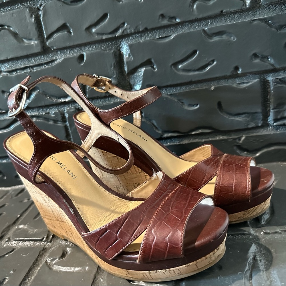 Antonio Melani Yasmin Two-Piece Cork Wedges in Dark Sepia Size 7.5 with box.